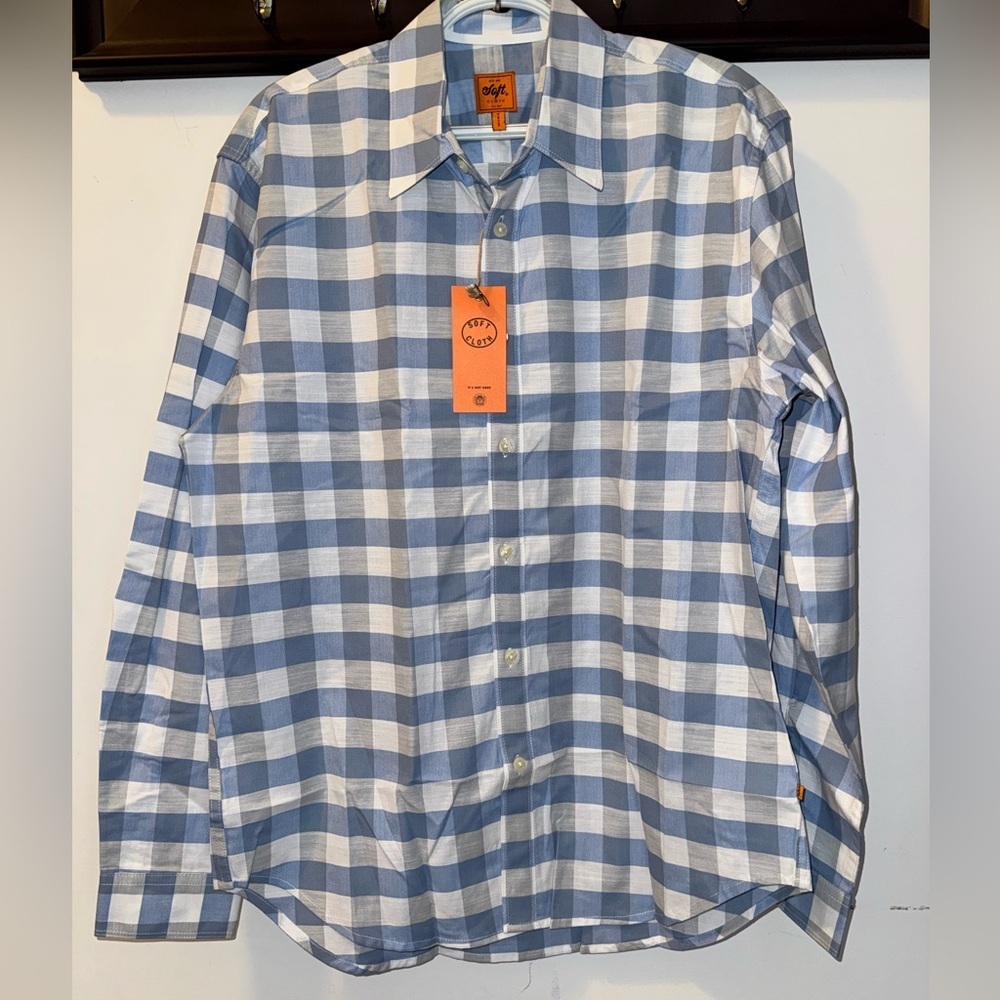 NWT Soft Cloth blue and white gingham long-sleeve button-down shirt size Medium